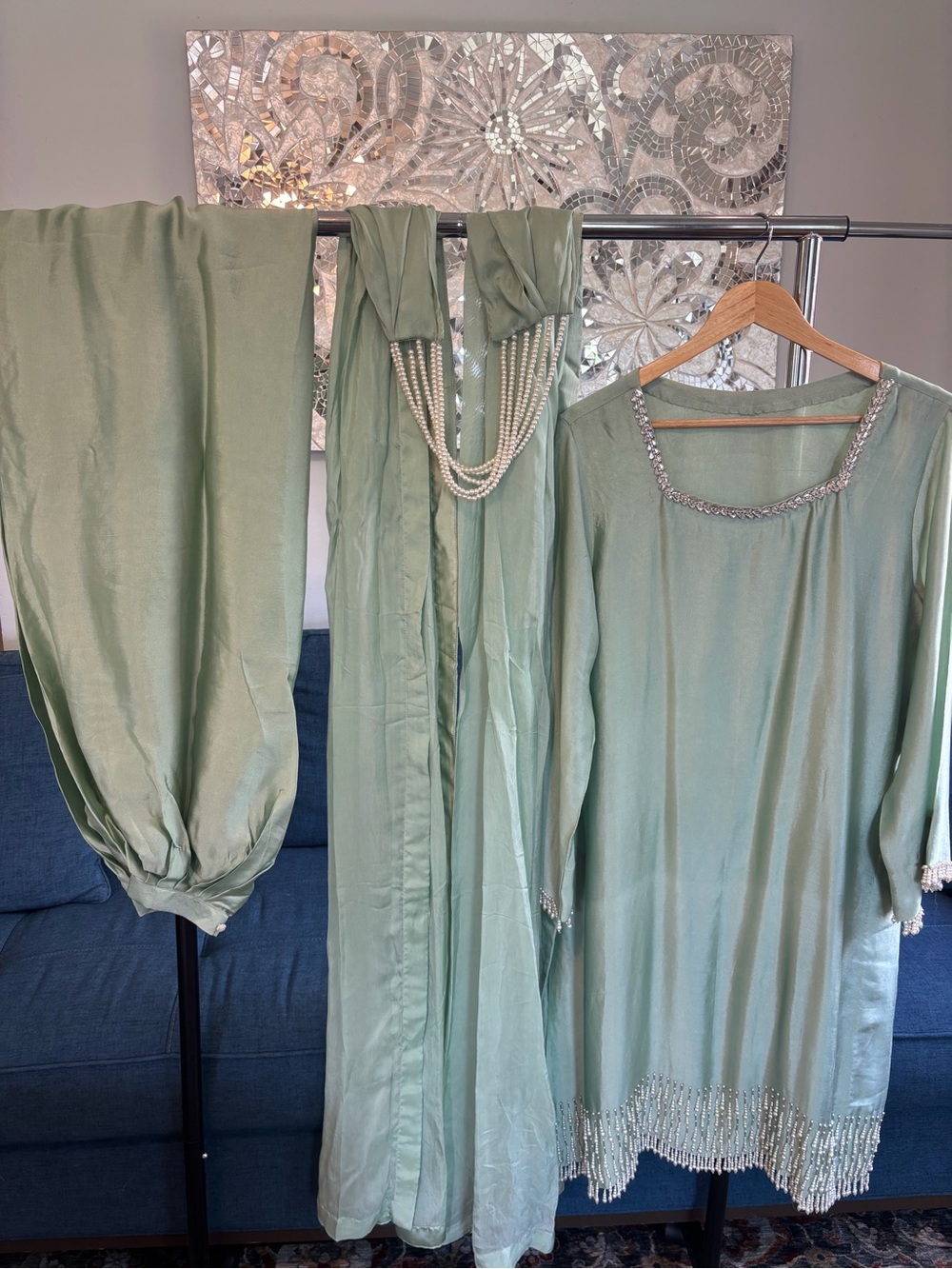 Women’s Mint Green Beaded Tunic & Dupatta Set